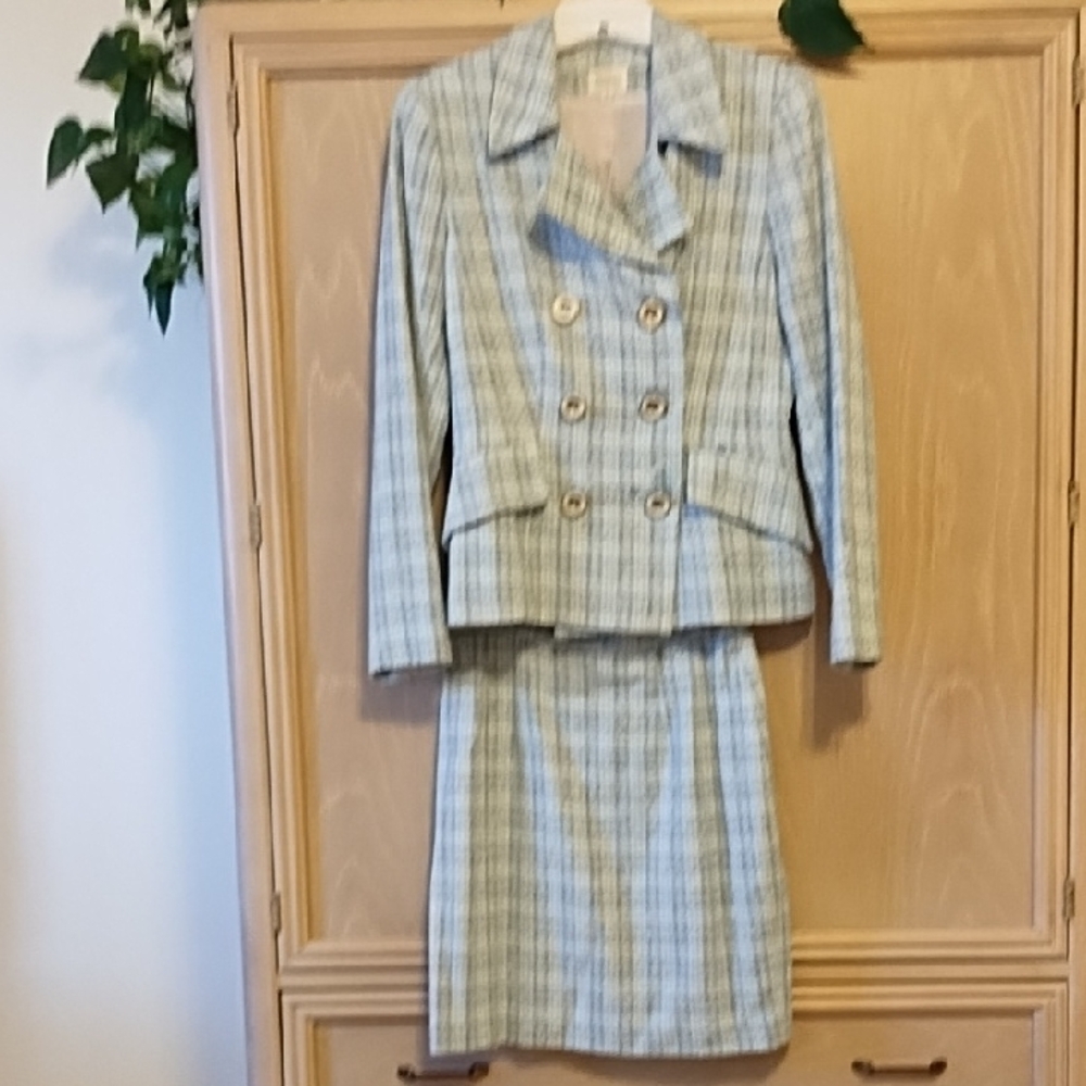 Light blue and white plaid Women's Jacket & Skirt Set